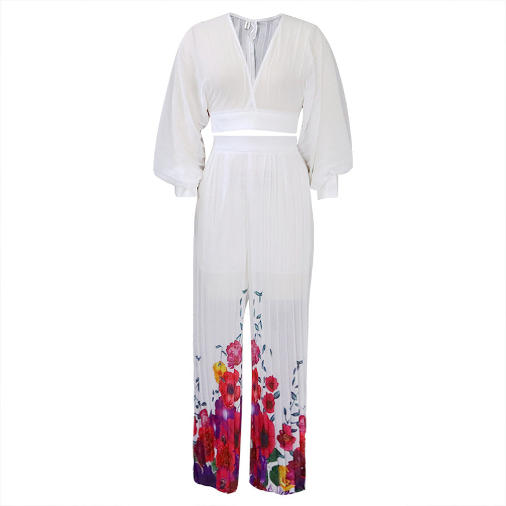 V-neck Bat Sleeve Chiffon Top Pleated Wide Leg Pants Two-piece Set