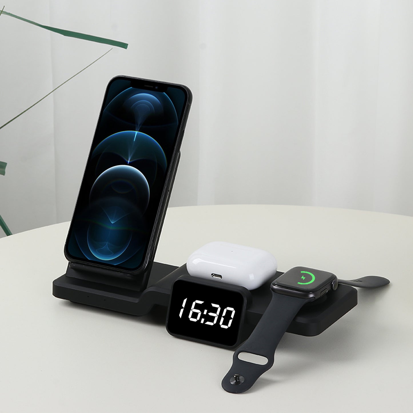 Compatible with Apple , Watch Headset Four-in-one Wireless Charger Mobile Phone Fast Charging Stand With Clock