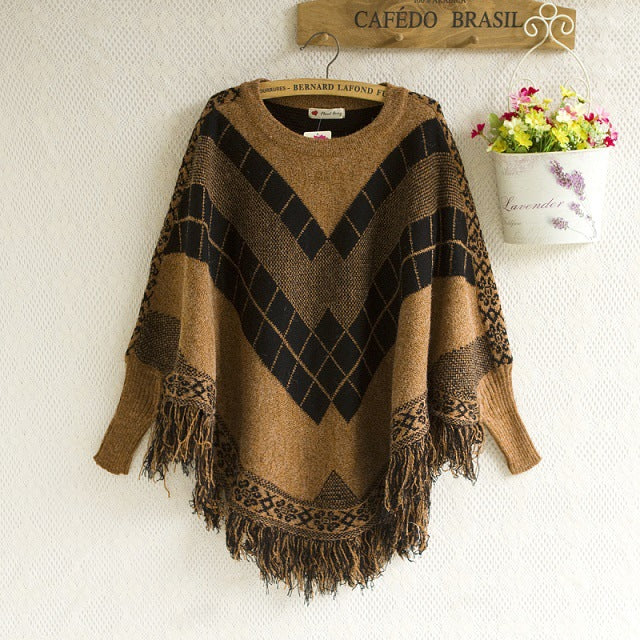 Geometric Rhombus Tassel Batwing Sleeve Inverness Sweater Sweater