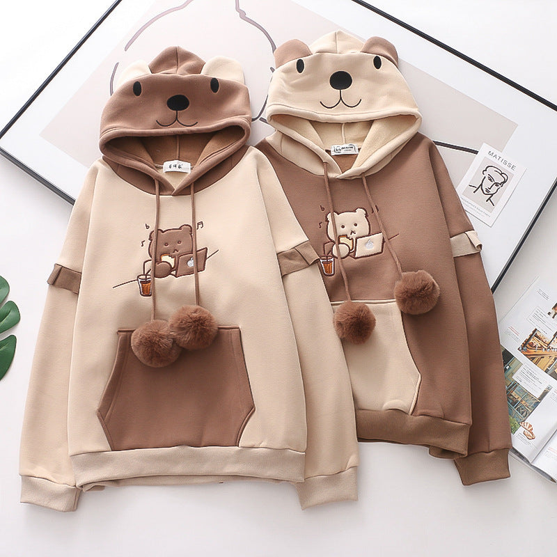 Hooded Bear Embroidery Plus Velvet Sweater Loose And Thin Coat Women