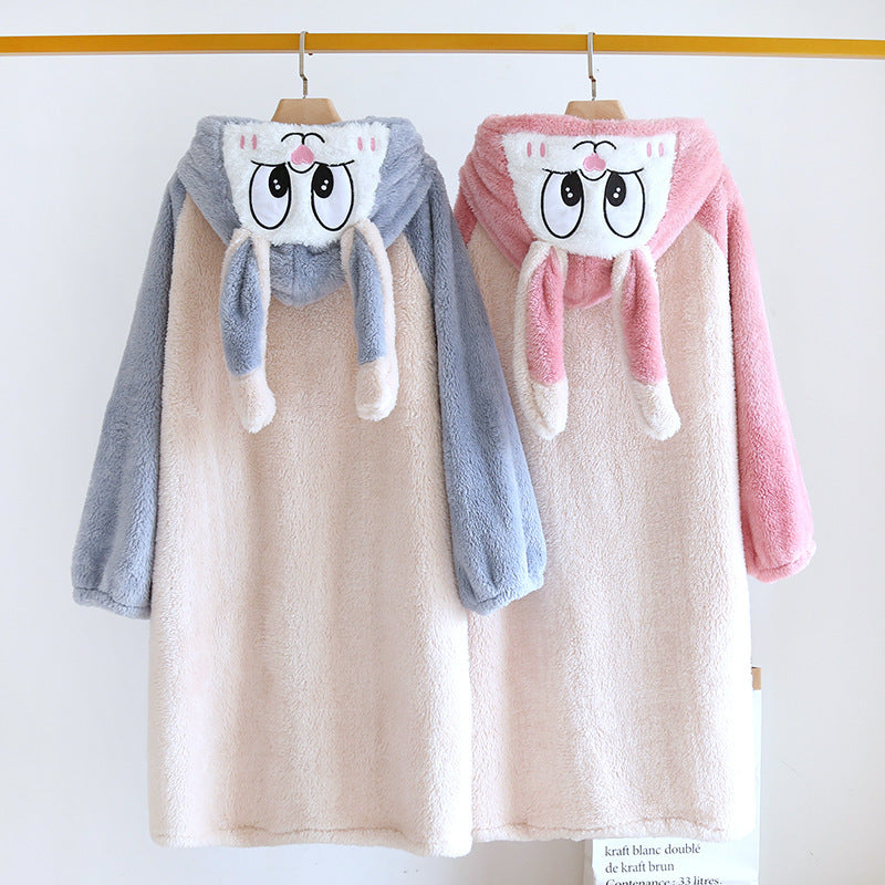 Women's Thick Color-blocking Cartoon Fleece Nightgown