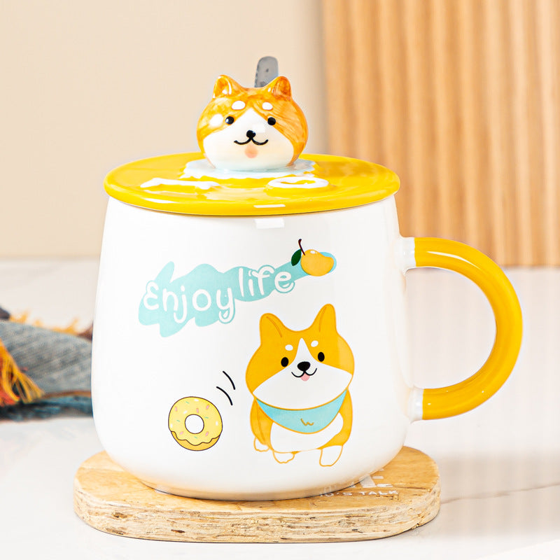 Cute Cartoon Ceramic Breakfast Cup With Lid Spoon