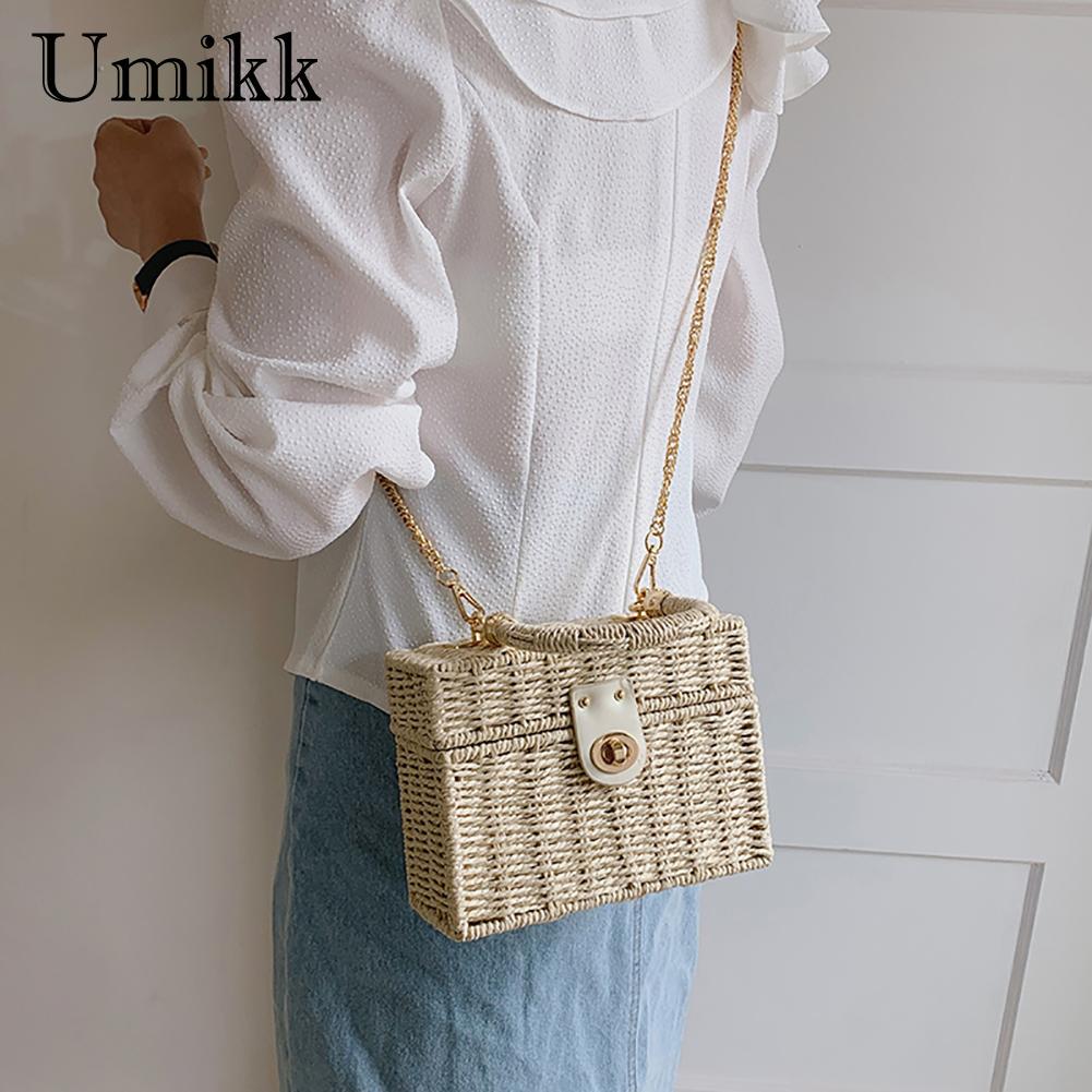 Rattan Straw Shoulder Bag Women Boho Hand-Woven Basket Messenger Bag Summer Beach Square Box Top-handle Handbag For Lady Girls