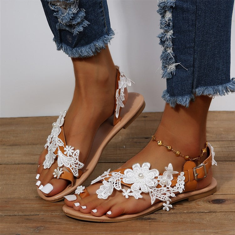 Lace Sandals Bohemia Beach Shoes Flowers Ankle Strap Flat Shoes