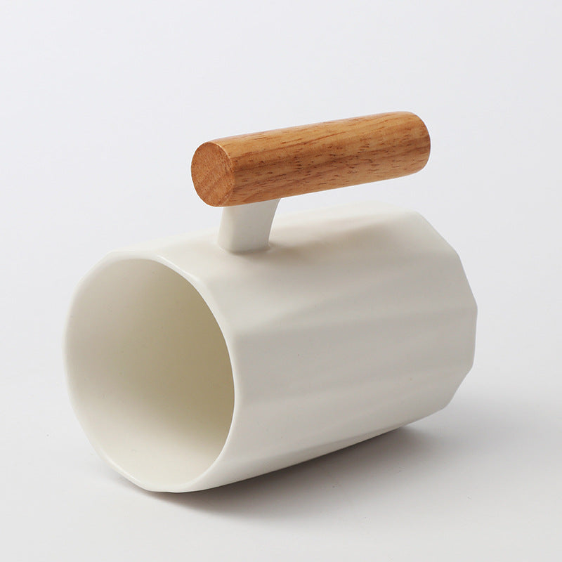 Simple Straight Ceramic Mug With Wooden Handle