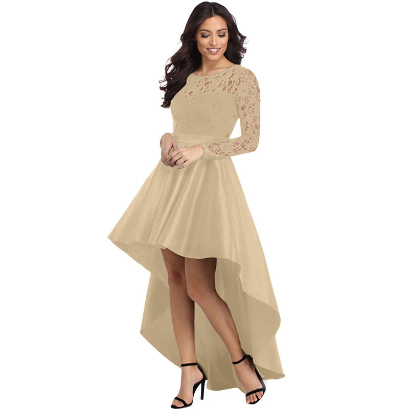 Round Neck Long Sleeve Lace Dovetail Satin Ball Party Dress