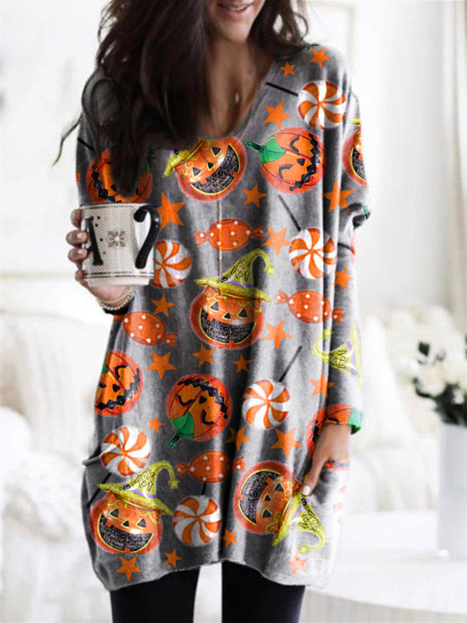 Halloween Theme Multicolor Printed Long-sleeved Women's T-shirt