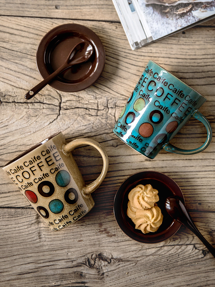 Trendy Ceramic Coffee Milk Mug With Lid Spoon