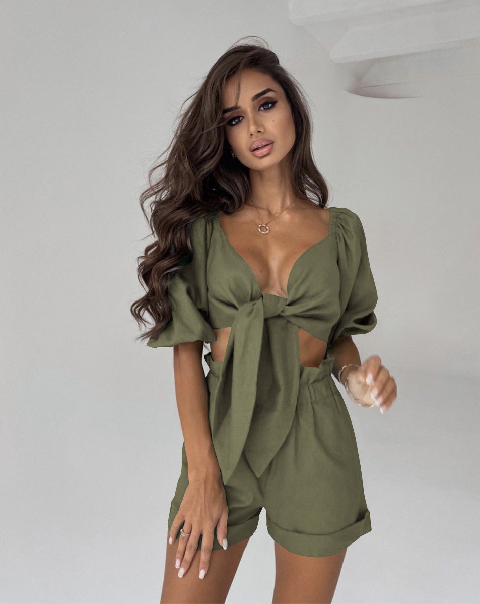 Two Piece Balloon Sleeve Cardigan Casual Shorts