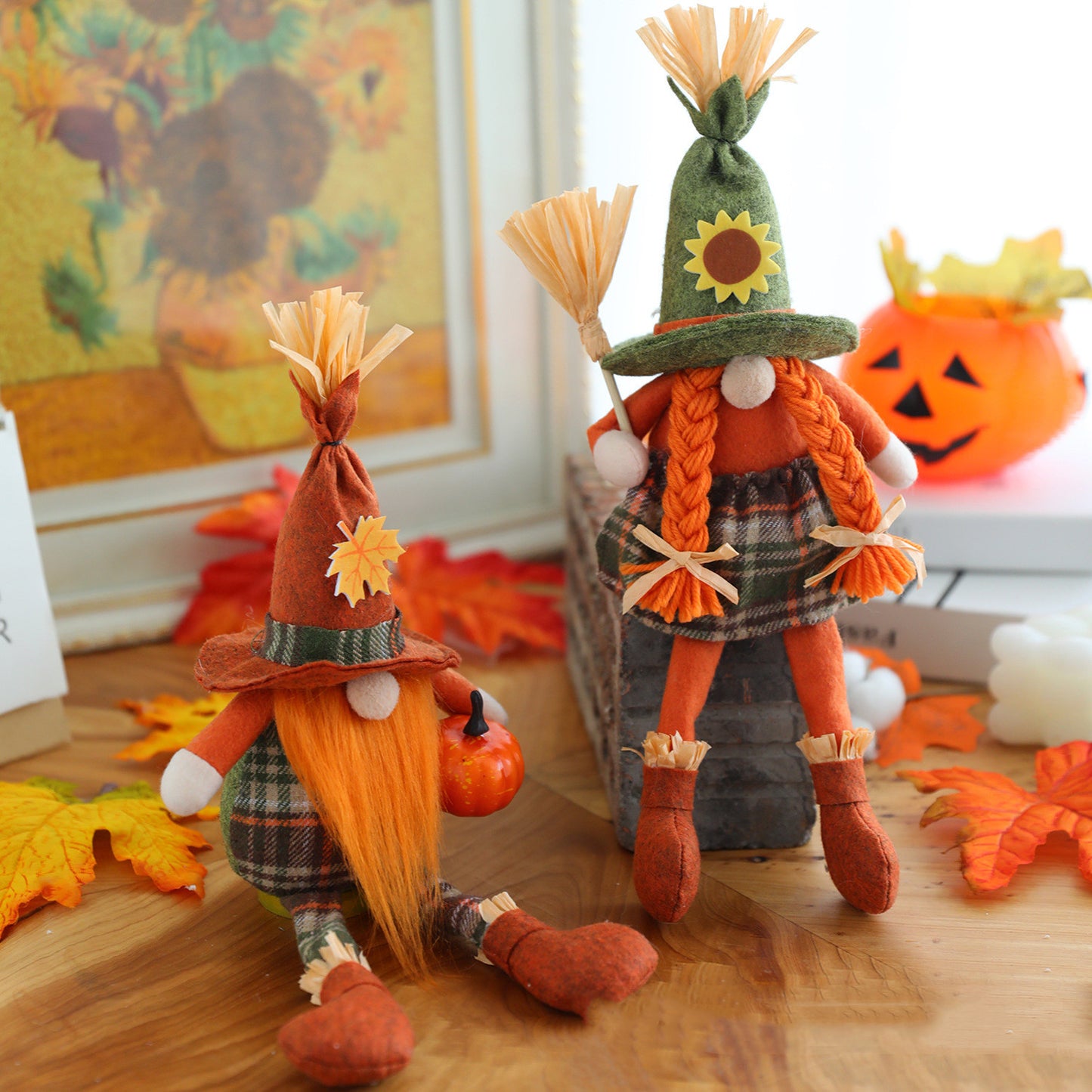 Harvest Festival Orange Pumpkin Broom Witch Scarecrow Faceless Doll