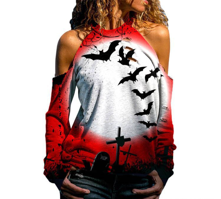 Halloween Off Shoulder Printed Top Womens Casual Loose Stitching Long Sleeved T Shirt