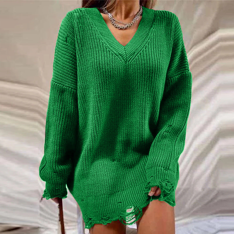 Loose Solid Color Ripped Sweater Mid-length