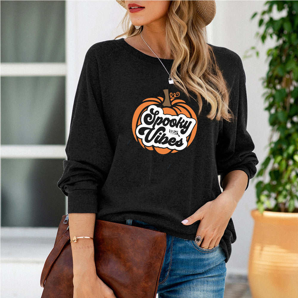 Halloween Pumpkin Print Long-sleeved T-shirt Women