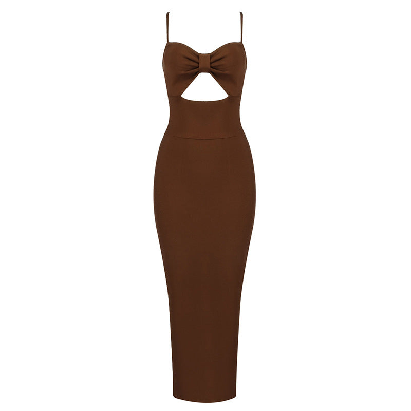 Fashion Waist Hollow Design 2021 New Sexy Solid Color V-Neck Halter Celebrity Party Club Bandage Long Dress