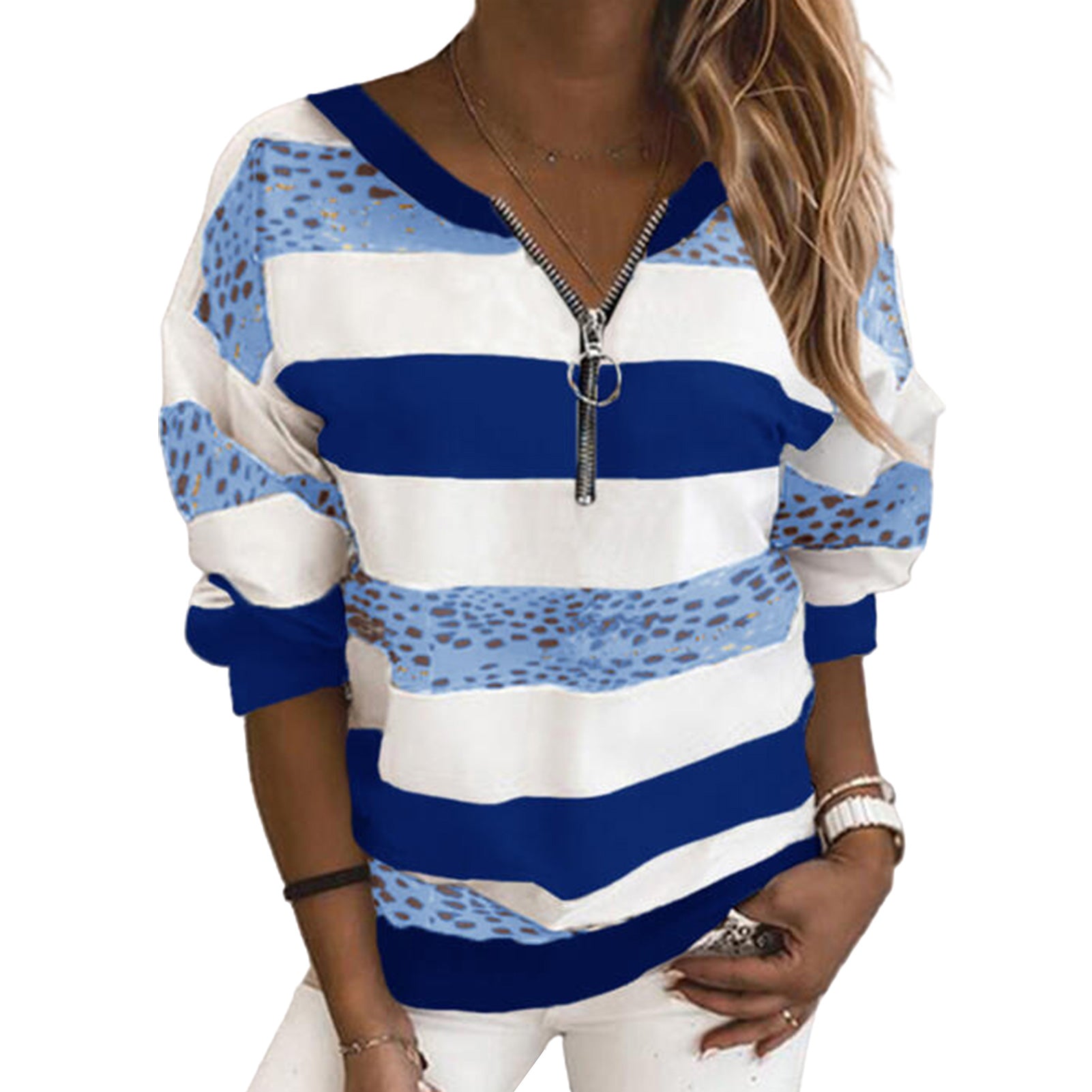 College Style Casual Striped Printed Pullover Loose Zipper Sweater