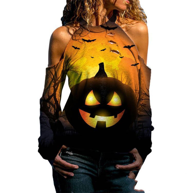 Halloween Off Shoulder Printed Top Womens Casual Loose Stitching Long Sleeved T Shirt