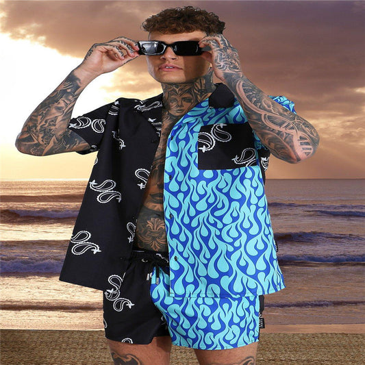 Hawaiian Resort Style Men's Short Sleeve Contrast Color Patchwork Suit