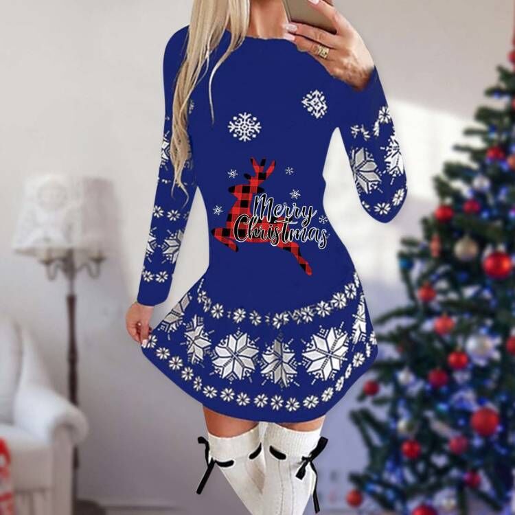 Christmas Print Round Neck Long Sleeve Dress