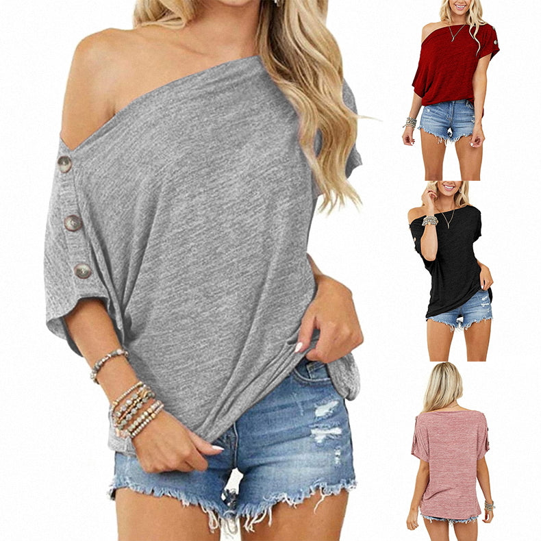 Women Top Loose One-Word Strapless Button Short-Sleeved T-Shirt Women