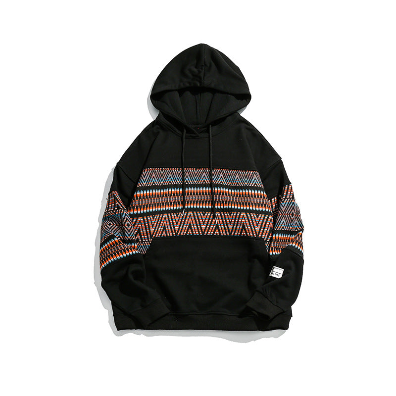 Retro Ethnic Style Patchwork Loose Hooded Sweater