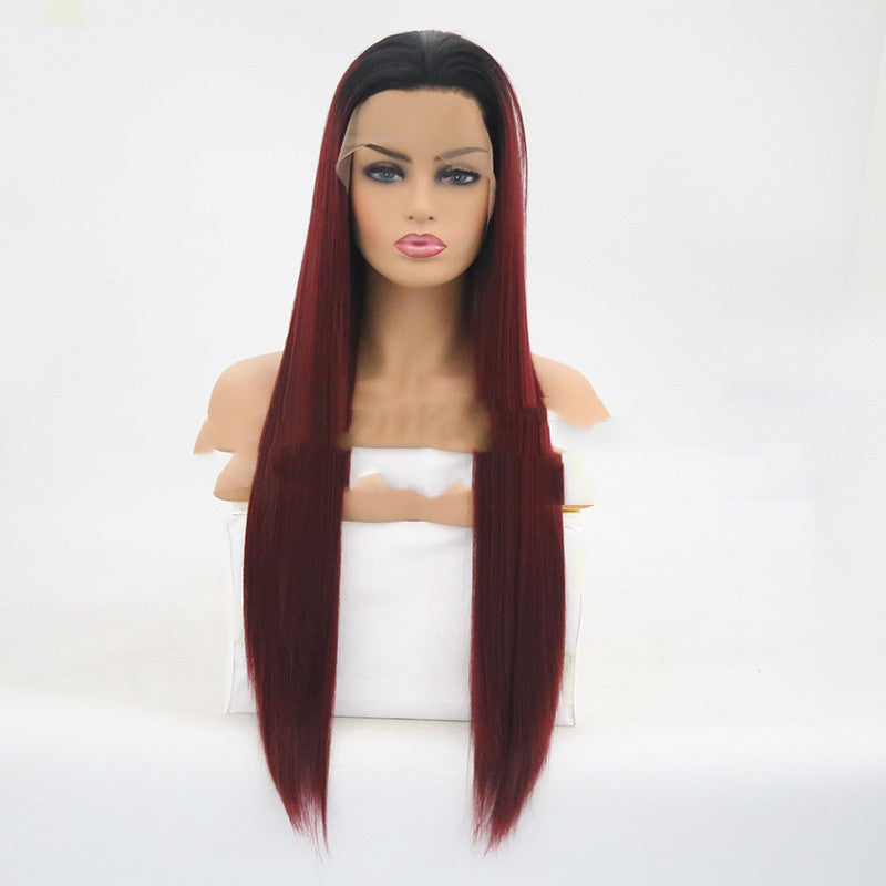 Burgundy Trellis With Long Straight Hair Chemical Fiber Headgear