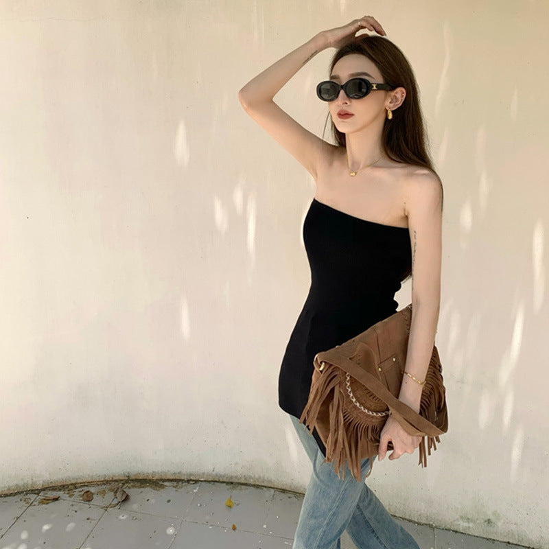 Straight Neck Backless Bra Slim Irregular Hem Tank Top Female