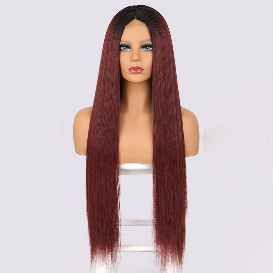 Women's Mid-Part Long Straight Front Lace Head Cover Wig