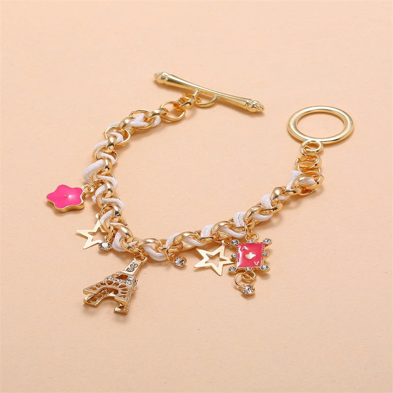 Temperament Fashion Iron Tower Stars Flowers Playing Cards Female Leather Rope Bracelets