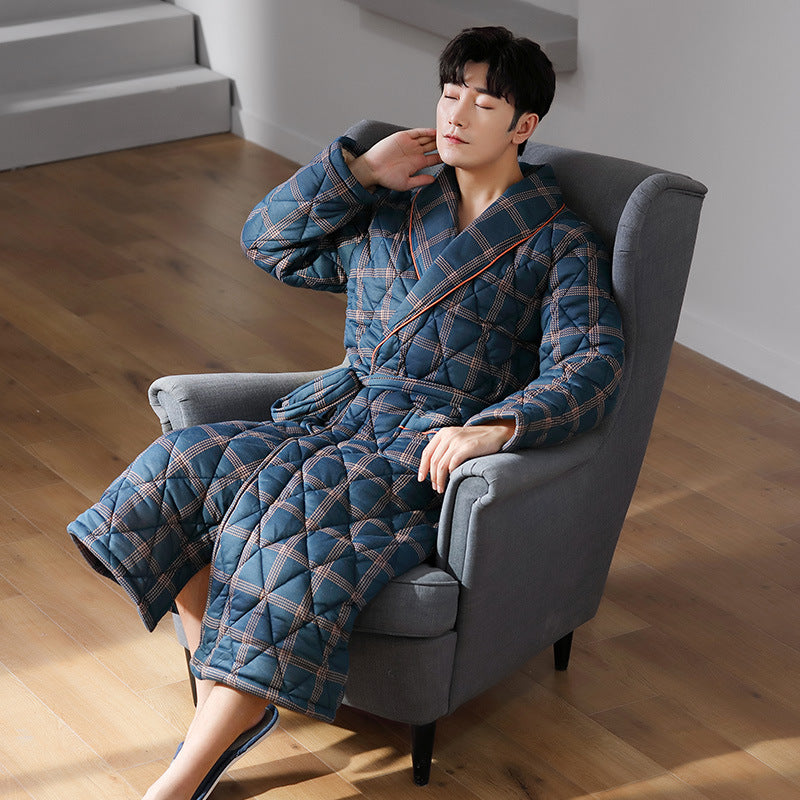 Simple Thick Cotton Long-sleeved Men's Pajamas