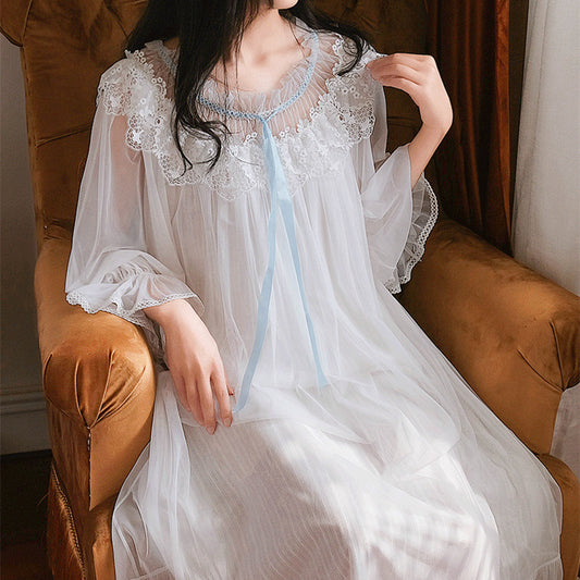 Women's Court Pure Cotton Mesh Long Sleeve Nightdress