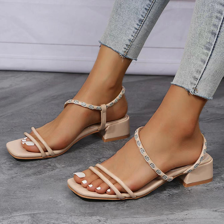 Strappy Sandals Women Fashion Square Toe Low Heel Shoes Summer