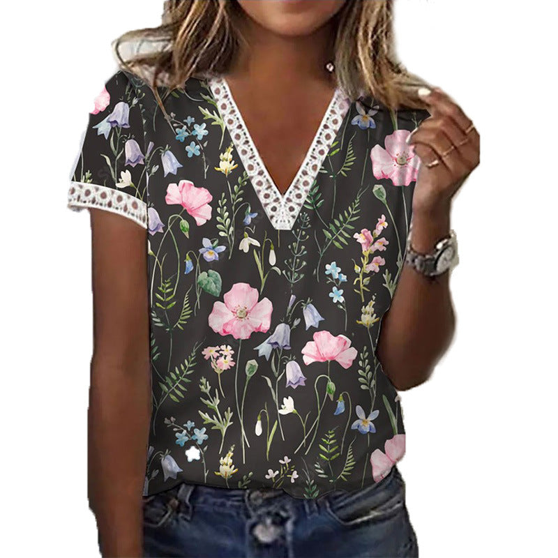 Printed V Neck Short Sleeved T Shirt