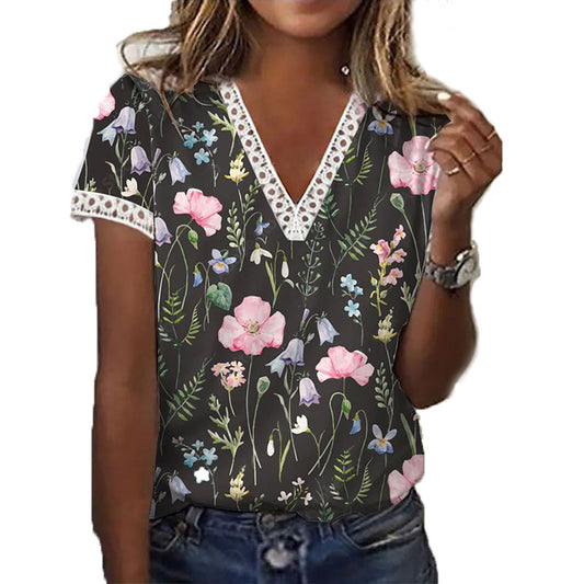 Printed V Neck Short Sleeved T Shirt