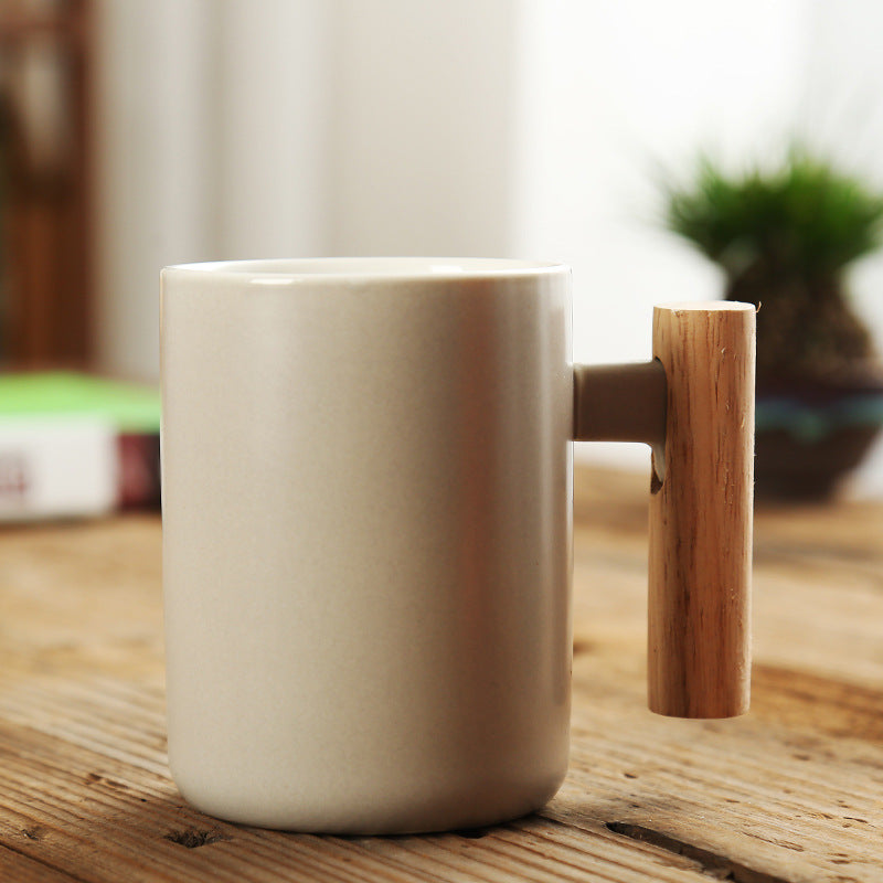 Simple Straight Ceramic Mug With Wooden Handle