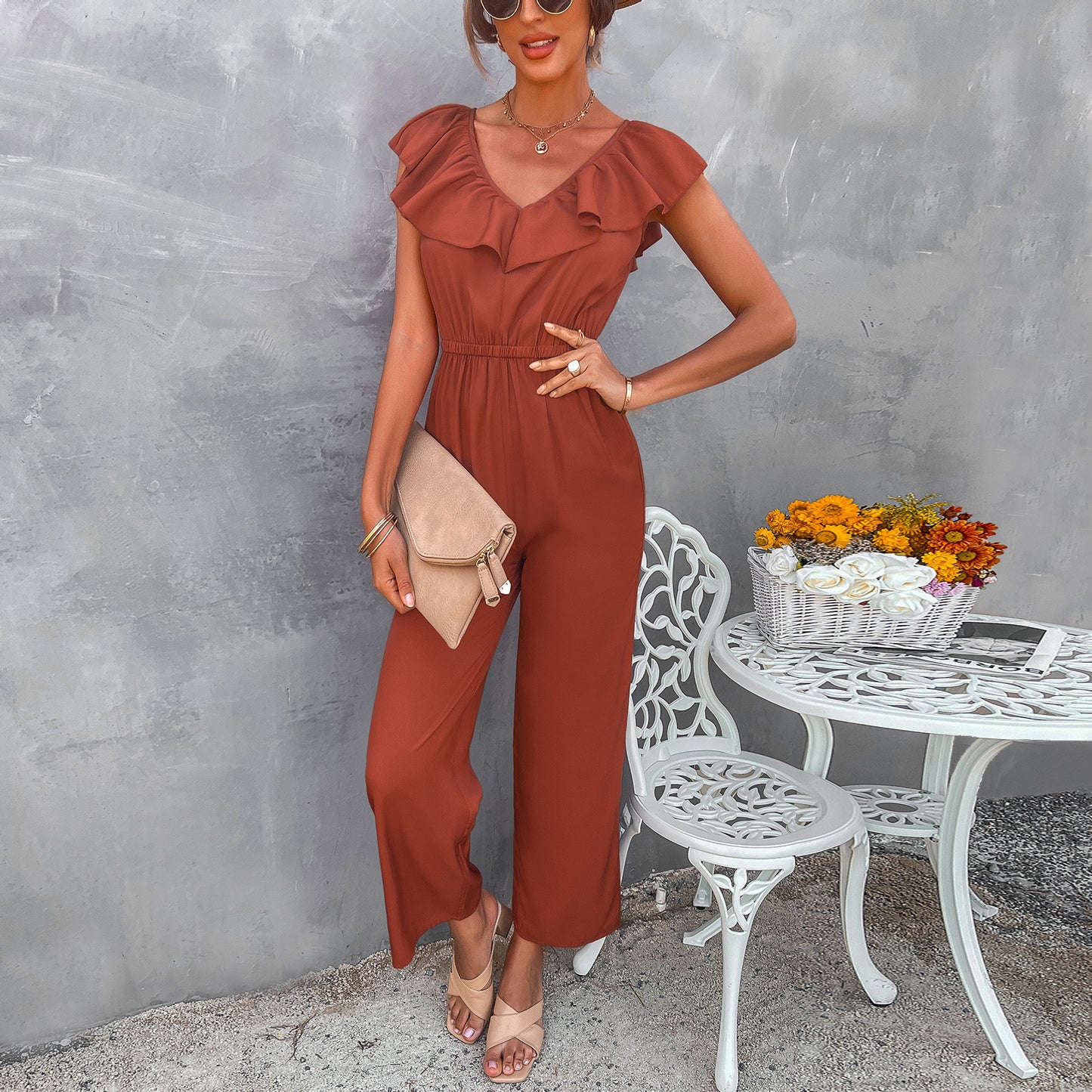 European And American Women's Solid Color Open Back Jumpsuit Summer Off Shoulder Casual Sundress Women Beachwear Jumpsuit Ruffle High Waist Jumpsuits Female Overalls Body Mujer