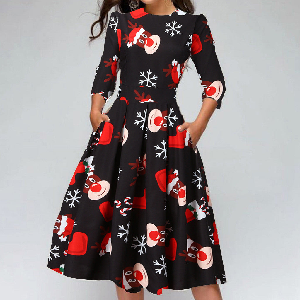 Christmas Print Slim Round Neck Dress