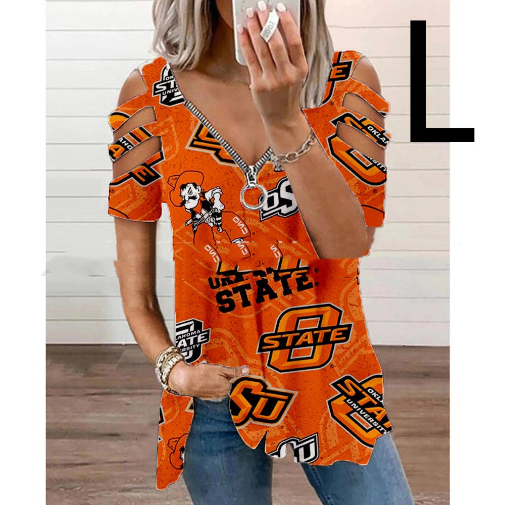 Halloween Theme Digital Printing Hollow V-neck Long-sleeved T-shirt