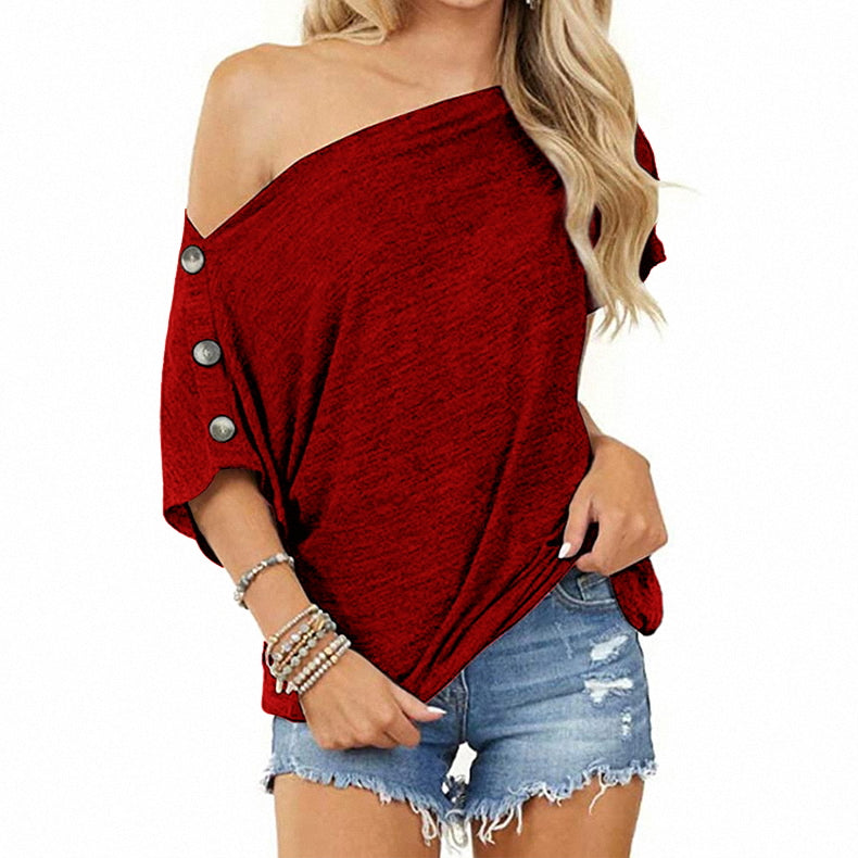 Women Top Loose One-Word Strapless Button Short-Sleeved T-Shirt Women