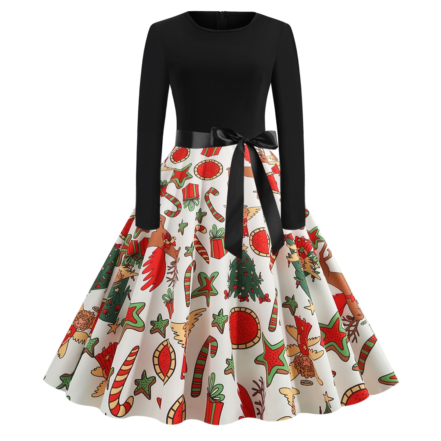 Christmas Print Stitching Long-sleeved Dress