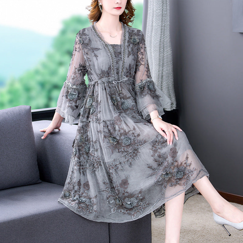 Gray Three-dimensional Embroidered V-neck Five-point Petal Sleeves A-line Plus Size Dress