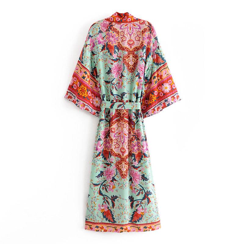 Printed Rayon Positioning Flower Bat Sleeve Kimono Printed Cardigan