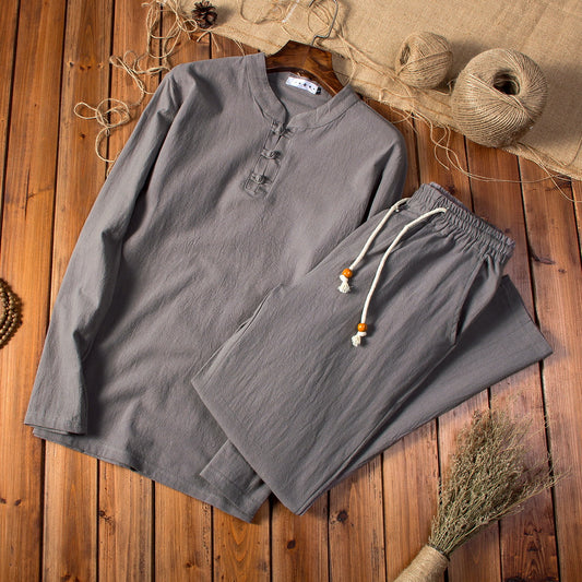 New Chinese Style Cotton And Linen Autumn Men's Long-sleeved Trousers Suit