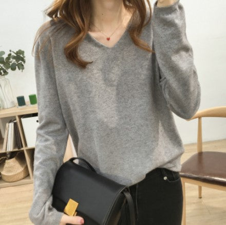 Loose Slimming V-neck Solid Color Long-sleeved Sweater