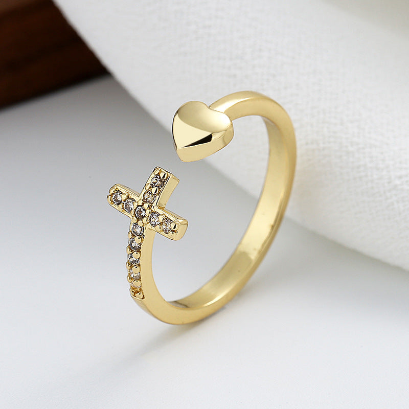 Cross Heart Ring With Rhinestones Open Adjustable Ring Ins Fashion Jewelry Accessories