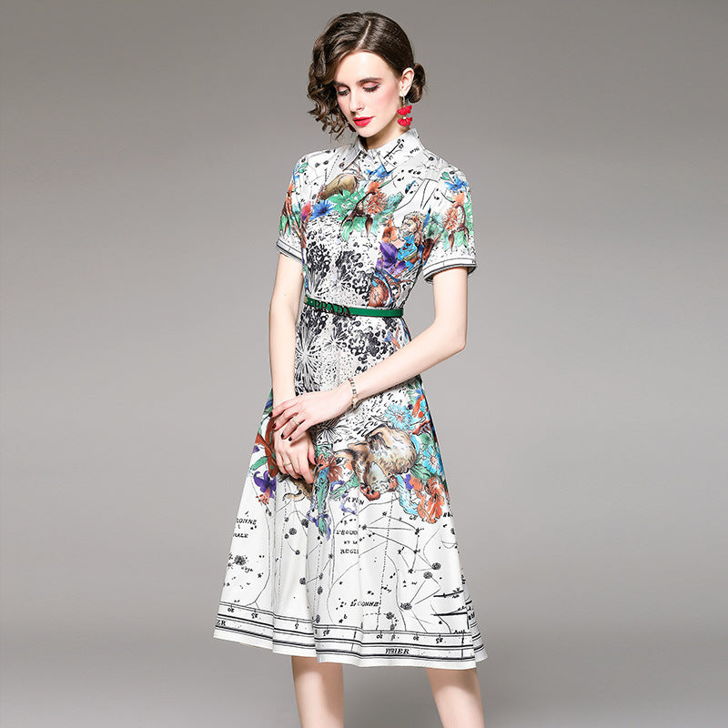 Positioning Printed French Vintage Dress Women With Belt