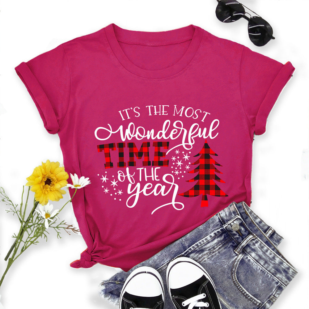 Christmas Print Round Neck Short Sleeve Women's T-shirt