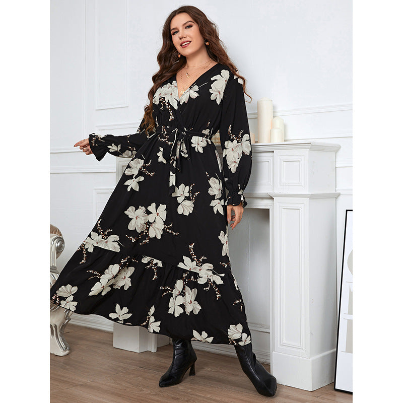 Temperament Elegant Printed V-neck Petal Sleeve Women's Large Size Dress