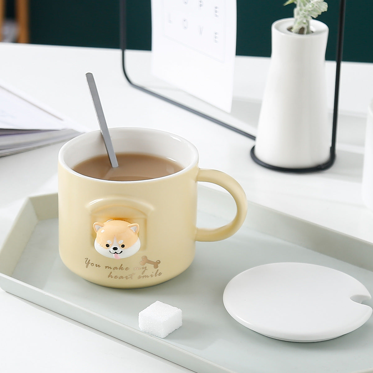 Three-dimensional Shiba Inu Cute Cartoon Ceramic Water Cup With Lid Spoon