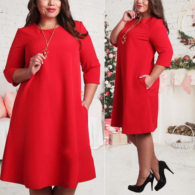 Solid Color Round Neck Sleeves Plus Size Dress