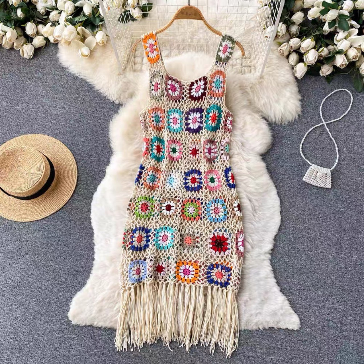 Hooked Flower Cut-out Tassel Vest Dress